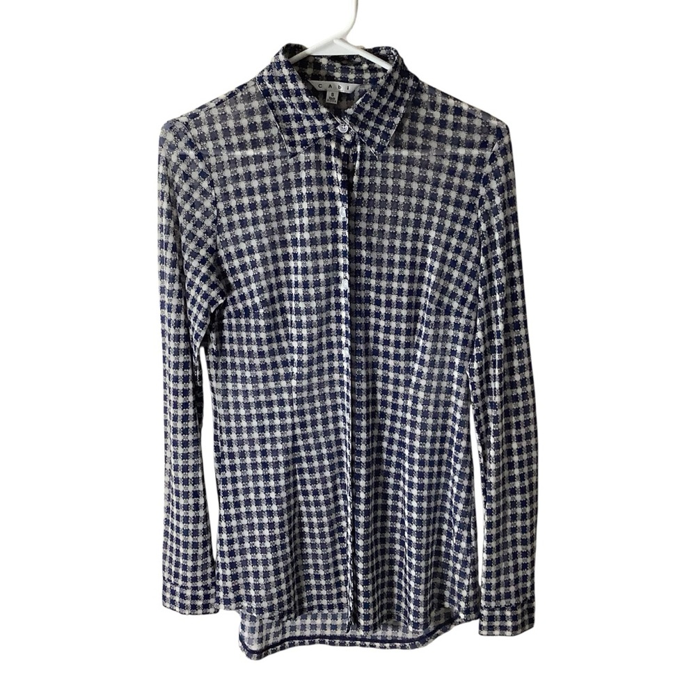 CAbi Navy and White Plaid Mesh Button Down Shirt
